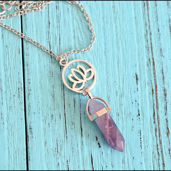 Amethyst Crystal Stone Lotus Flower Necklace - Picture 3 of 6
